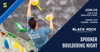 Image text says: "Join us for a free employee event on August 8th 7 pm-10 pm at Black Rock Bouldering Gym for Spooner Bouldering Night.