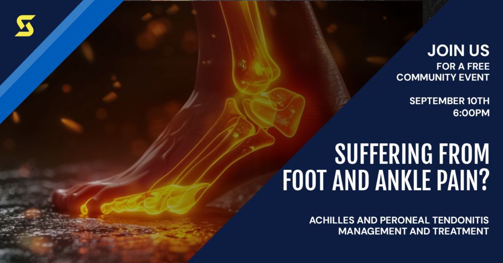 Image says: "Join us for a free community event September 10th at 6:00pm. Suffering From Foot Pain? Achilles and Peroneal Tendonitis Management and Treatment."