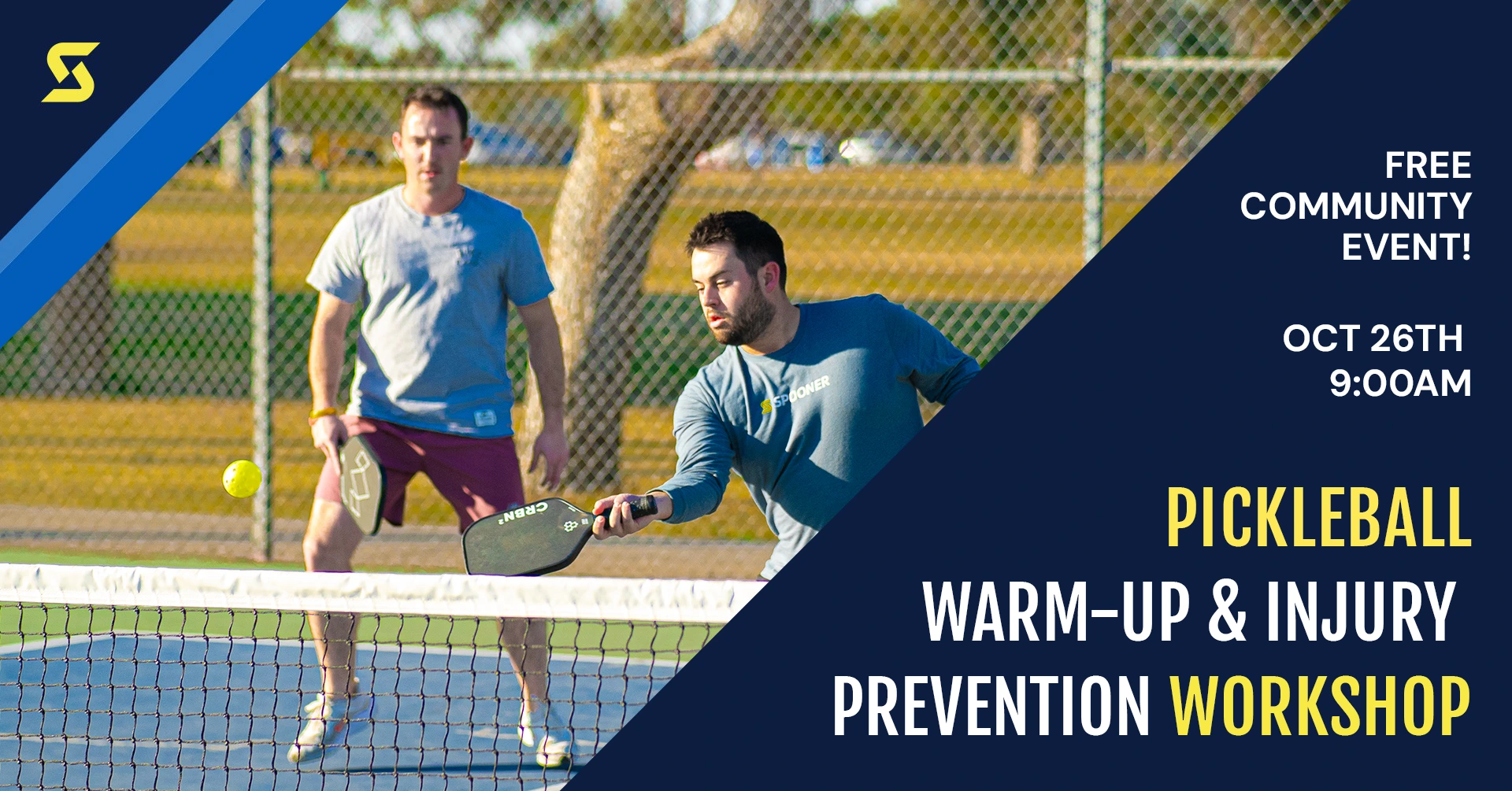 Text on image says, "Free Community Event, October 26th at 9:00AM. Pickleball warm-up and injury prevention workshop."